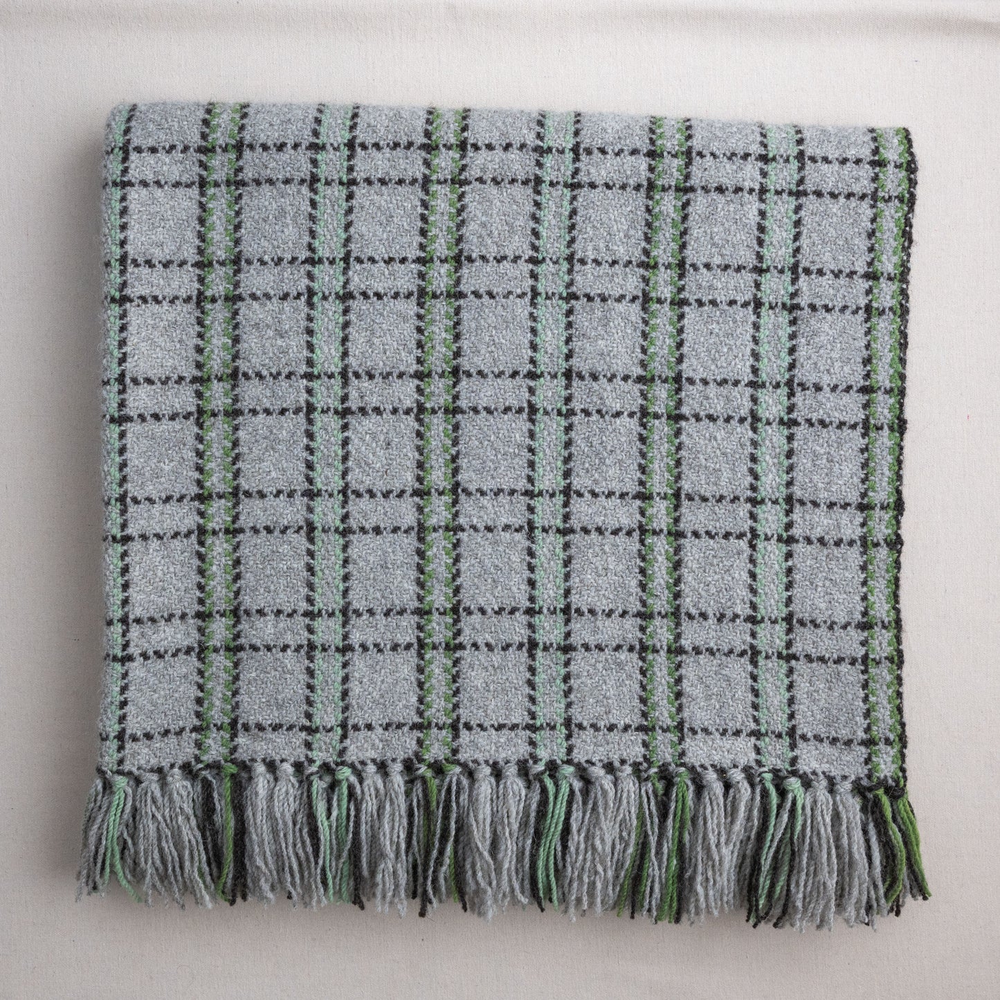 Seafoam colour grid wool blanket, soft wool throw, Alberta-made wool blanket