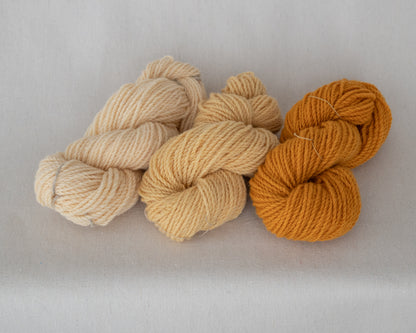 Three skeins of yarn in beige, brown, and orange on a light gray background